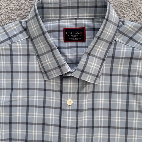 unTUCKit Blue Grey Check Slim Fit Button Down Shirt Sz XL Preppy - Picture 2 of 5